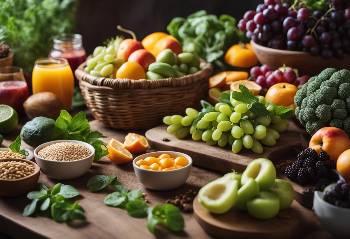 Healthy Eating and Stress Management: A table with colorful fruits, vegetables, and whole grains, surrounded by calming elements like plants and natural light