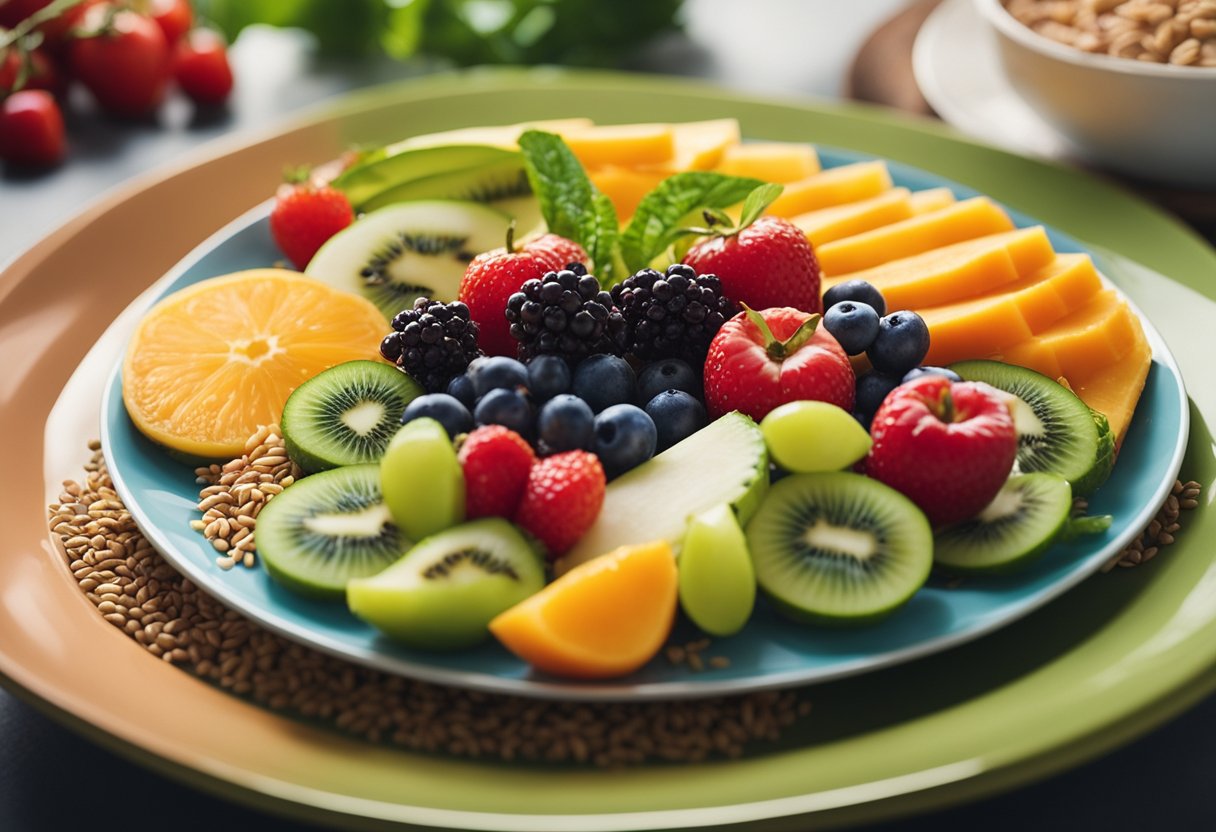 Healthy Eating and Stress Management: A colorful plate filled with a variety of fruits, vegetables, whole grains, and lean proteins, surrounded by a serene and peaceful environment