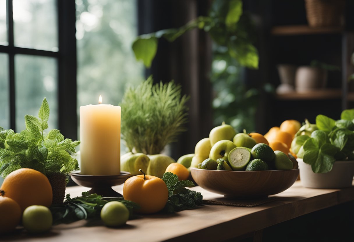 Healthy Eating and Stress Management: A serene setting with fruits, vegetables, and calming elements like candles and plants