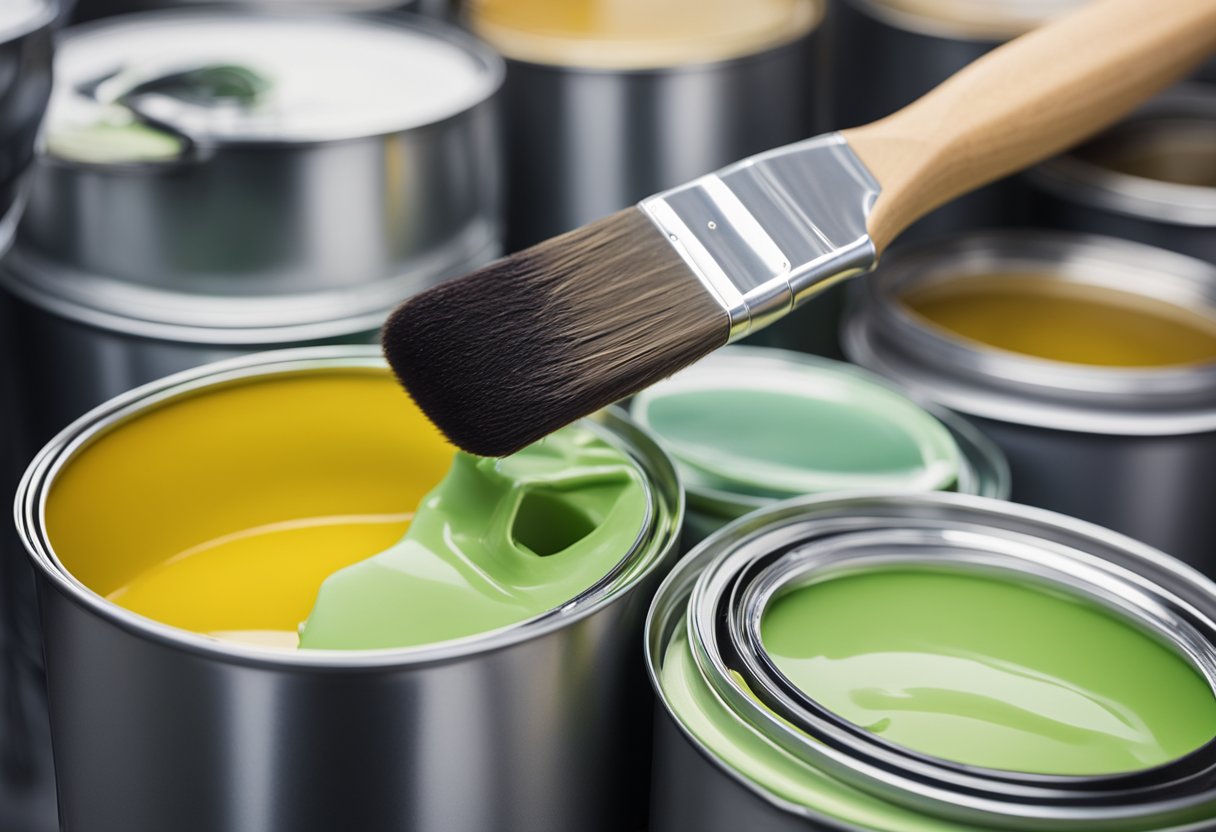 A paint can sits next to a primer can. A brush is dipped into the primer, ready to coat the surface before painting