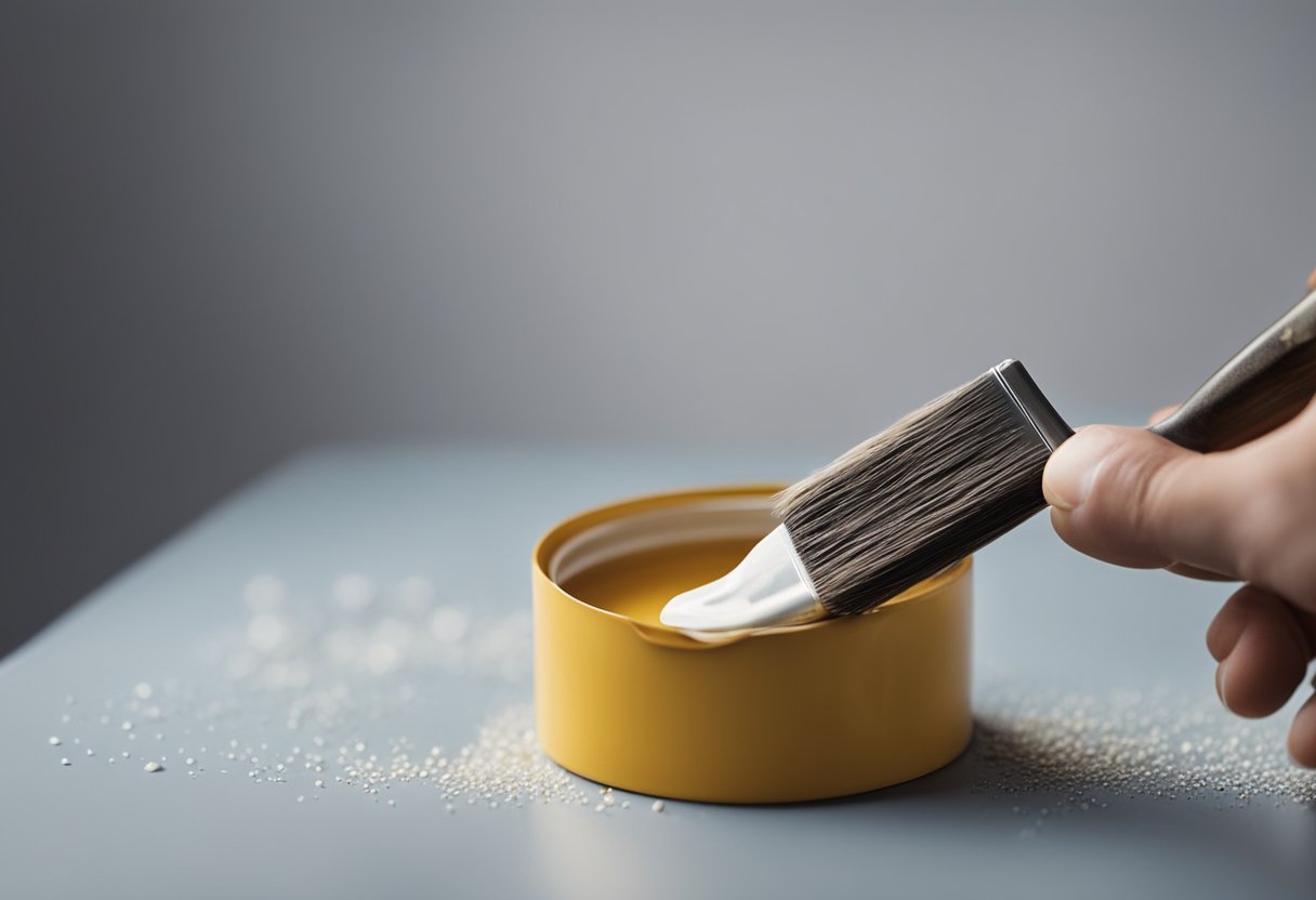 A hand holding a paintbrush applying primer to a surface