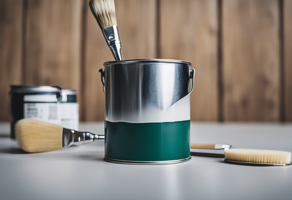 A paint can and a brush next to a primer container on a table
