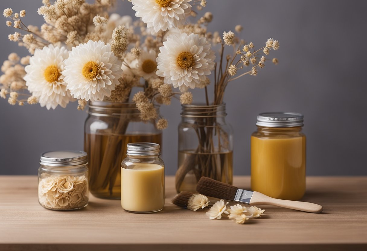 A table with various sola wood flowers, a paintbrush, and a jar of sealant. A book titled "Maintenance and Care of Sola Wood Flowers" is open nearby