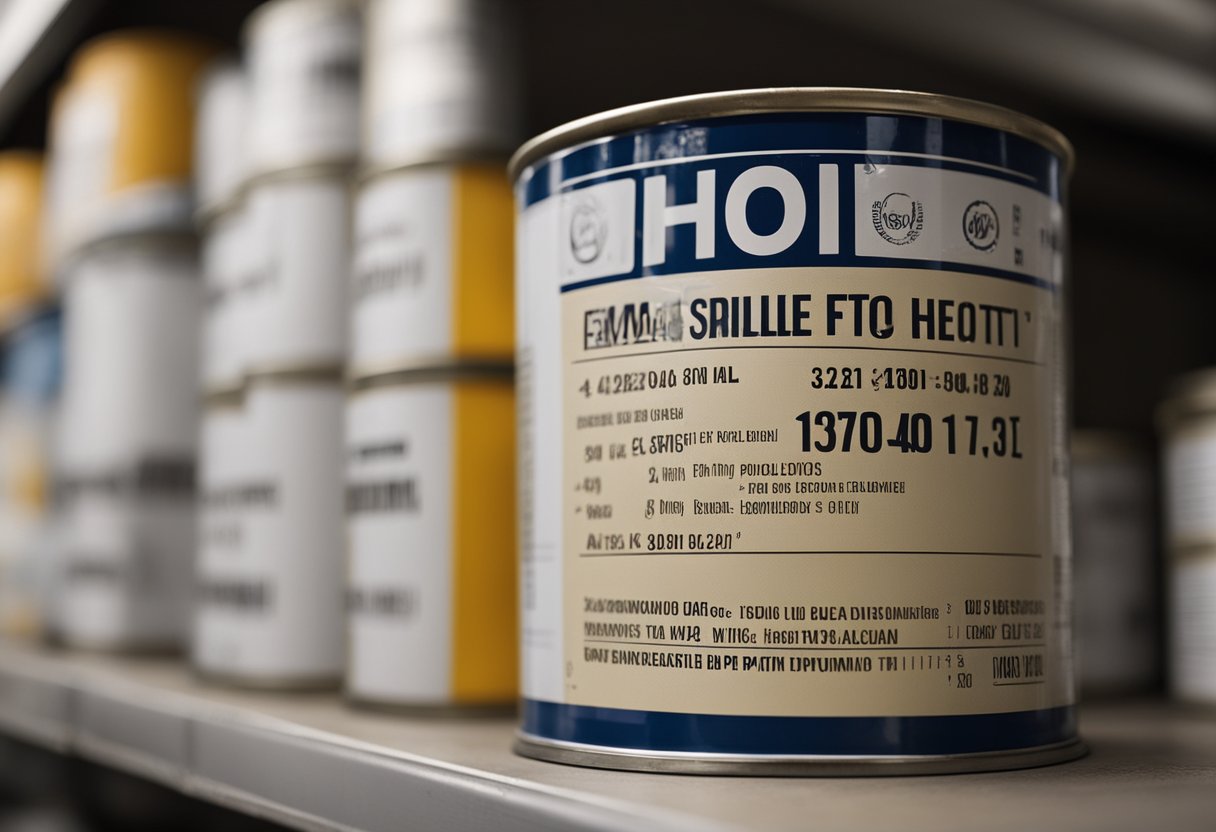 A paint can sits on a shelf, labeled with an expiration date. A warning sign displays potential risks of using old paint
