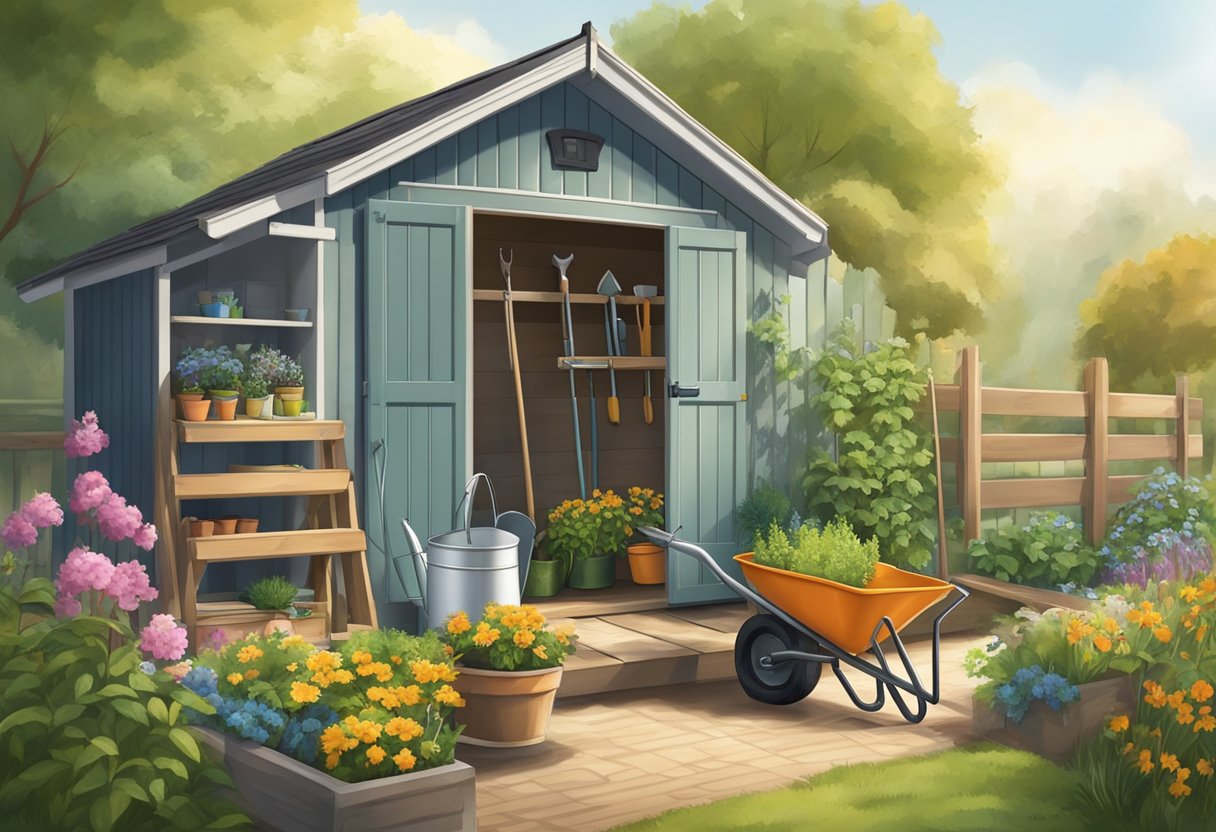 A garden shed with tools neatly hung on hooks, a wheelbarrow filled with soil, and a watering can resting on a bench