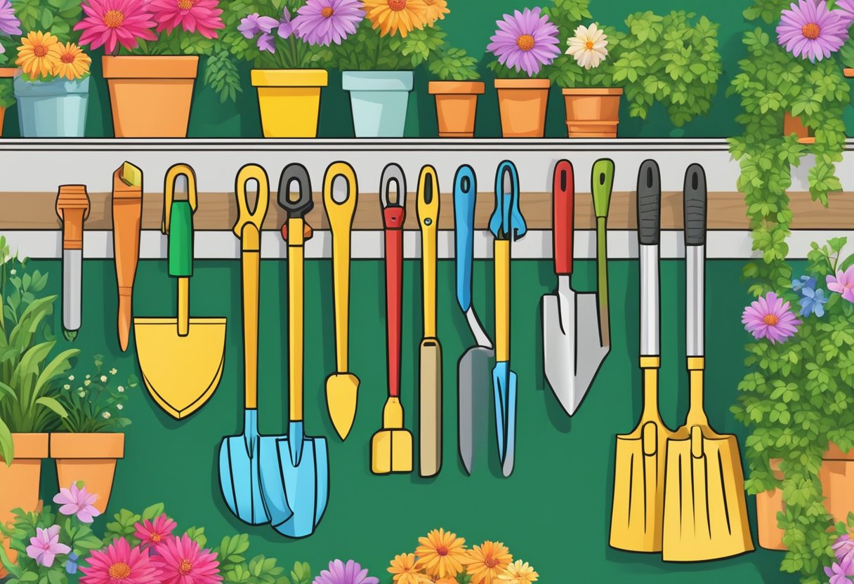 A garden tool rack displays essential hand tools: trowel, pruners, rake, shovel, hoe, and gloves. The tools are arranged neatly against a backdrop of lush greenery and colorful flowers