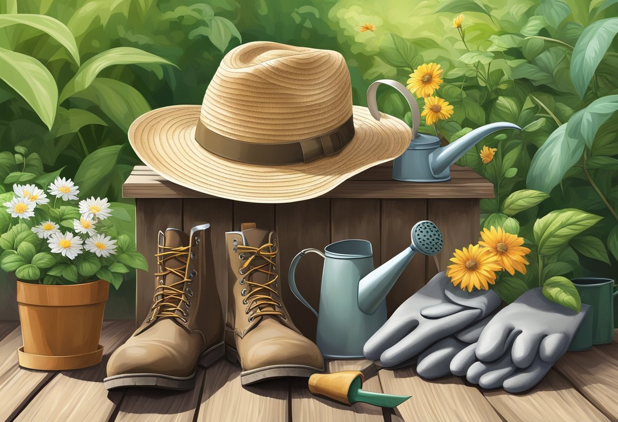 A straw hat, gloves, and sturdy boots sit beside a trowel, pruners, and watering can on a wooden bench in a lush garden