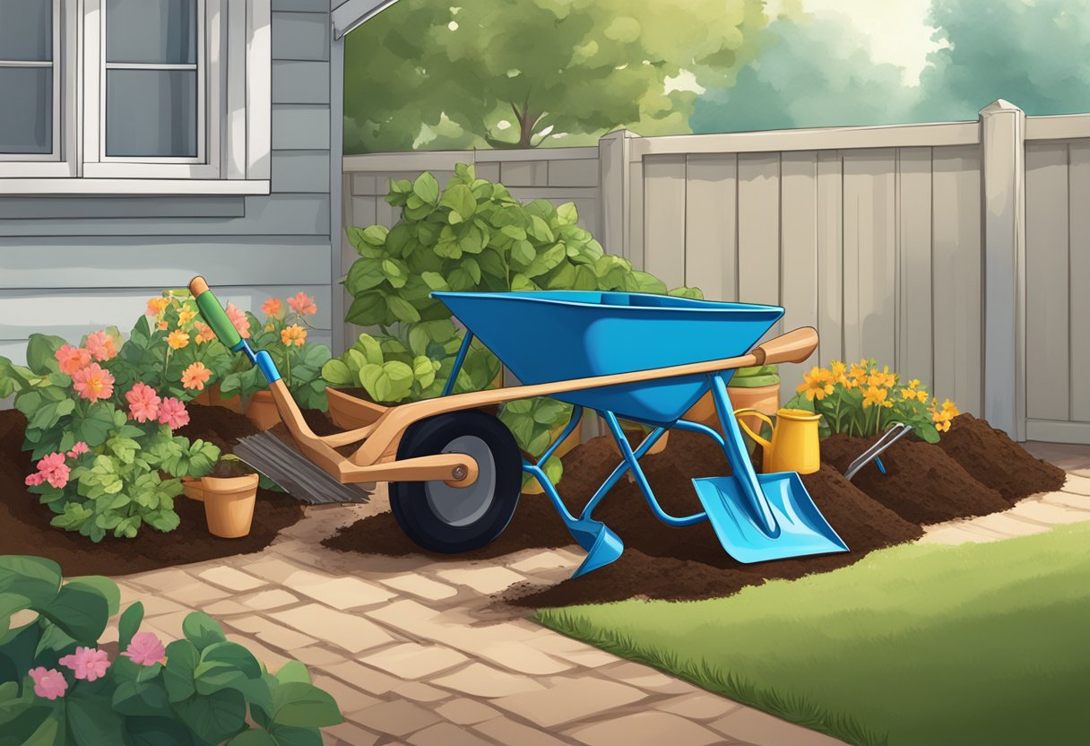 A shovel, rake, and hoe neatly arranged next to a wheelbarrow filled with compost bags, surrounded by potted plants and a watering can