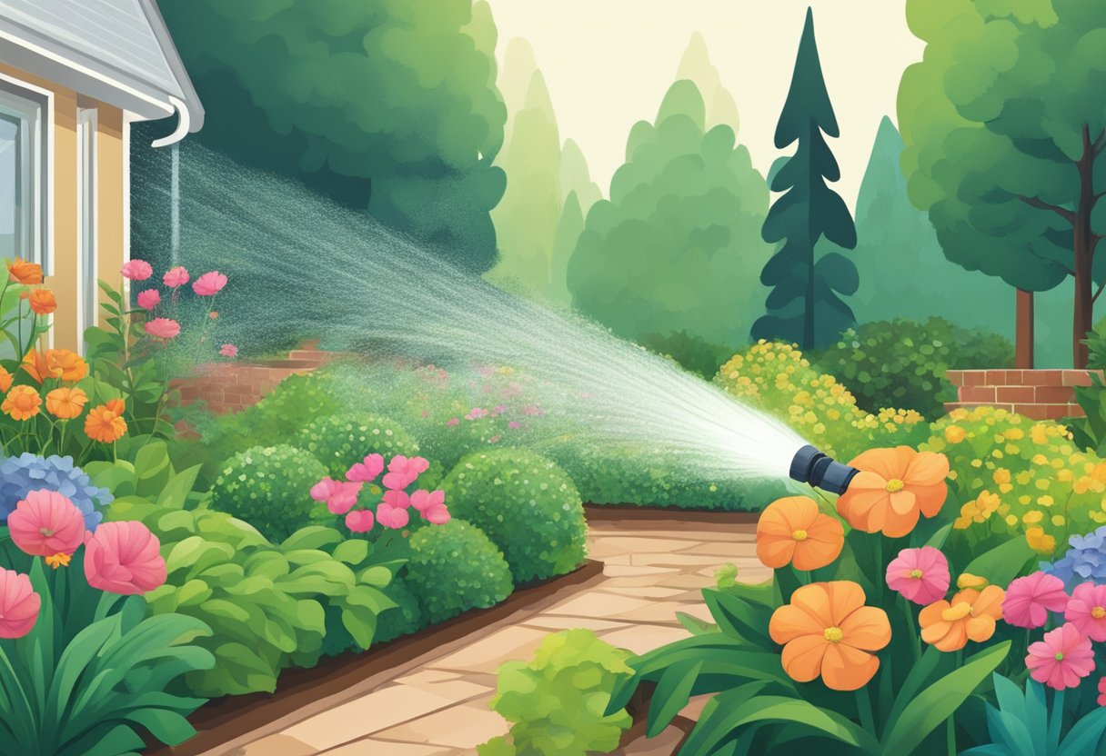 A garden hose attached to a sprinkler system waters rows of plants in a well-maintained garden