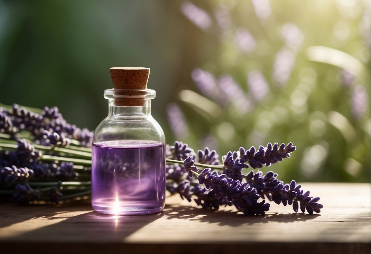 A small glass bottle of lavender oil sits on a wooden table, surrounded by sprigs of fresh lavender. Sunlight filters through a nearby window, casting a soft glow on the scene