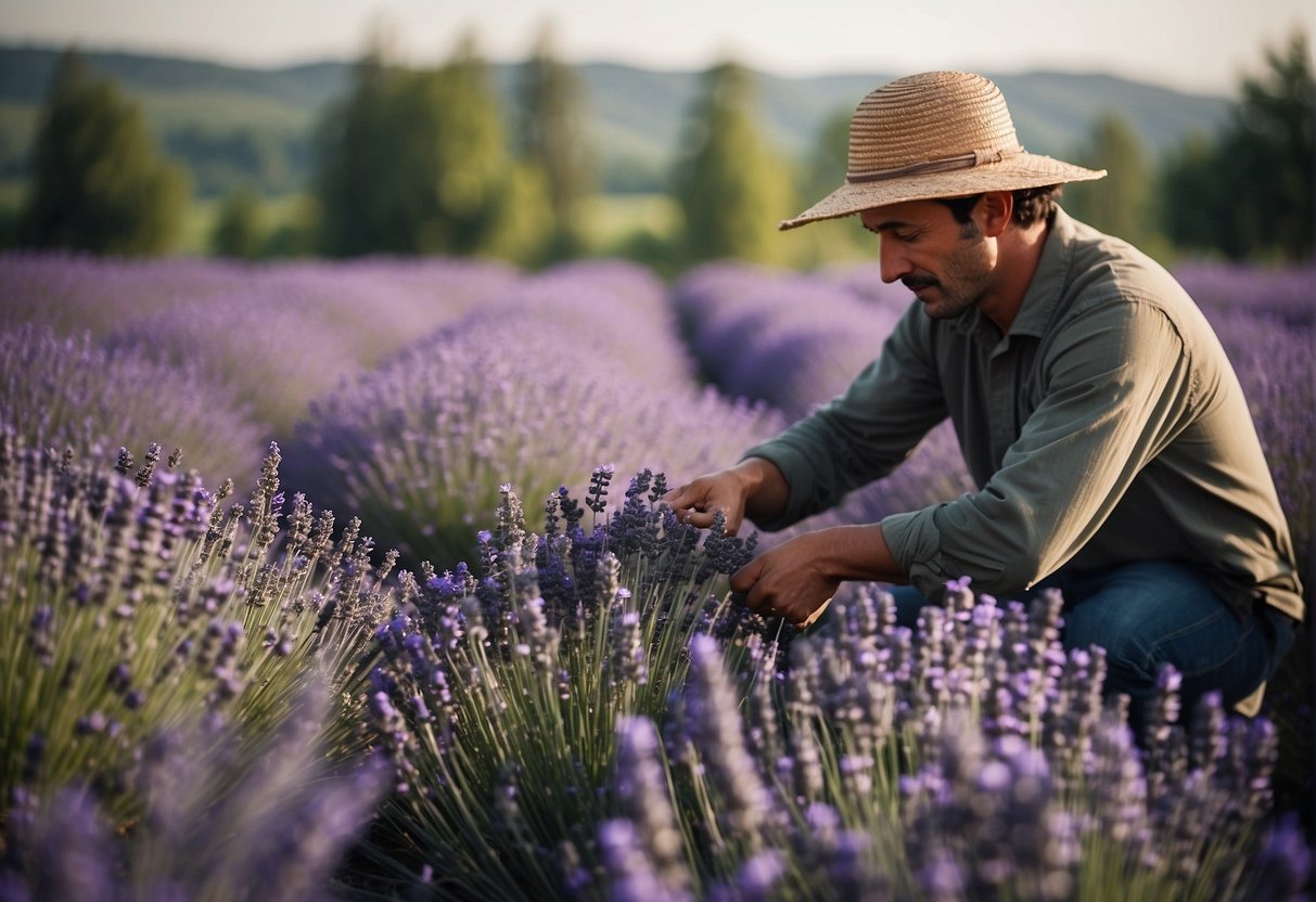 Lavender fields in full bloom, with workers harvesting and distilling the flowers to extract the fragrant oil