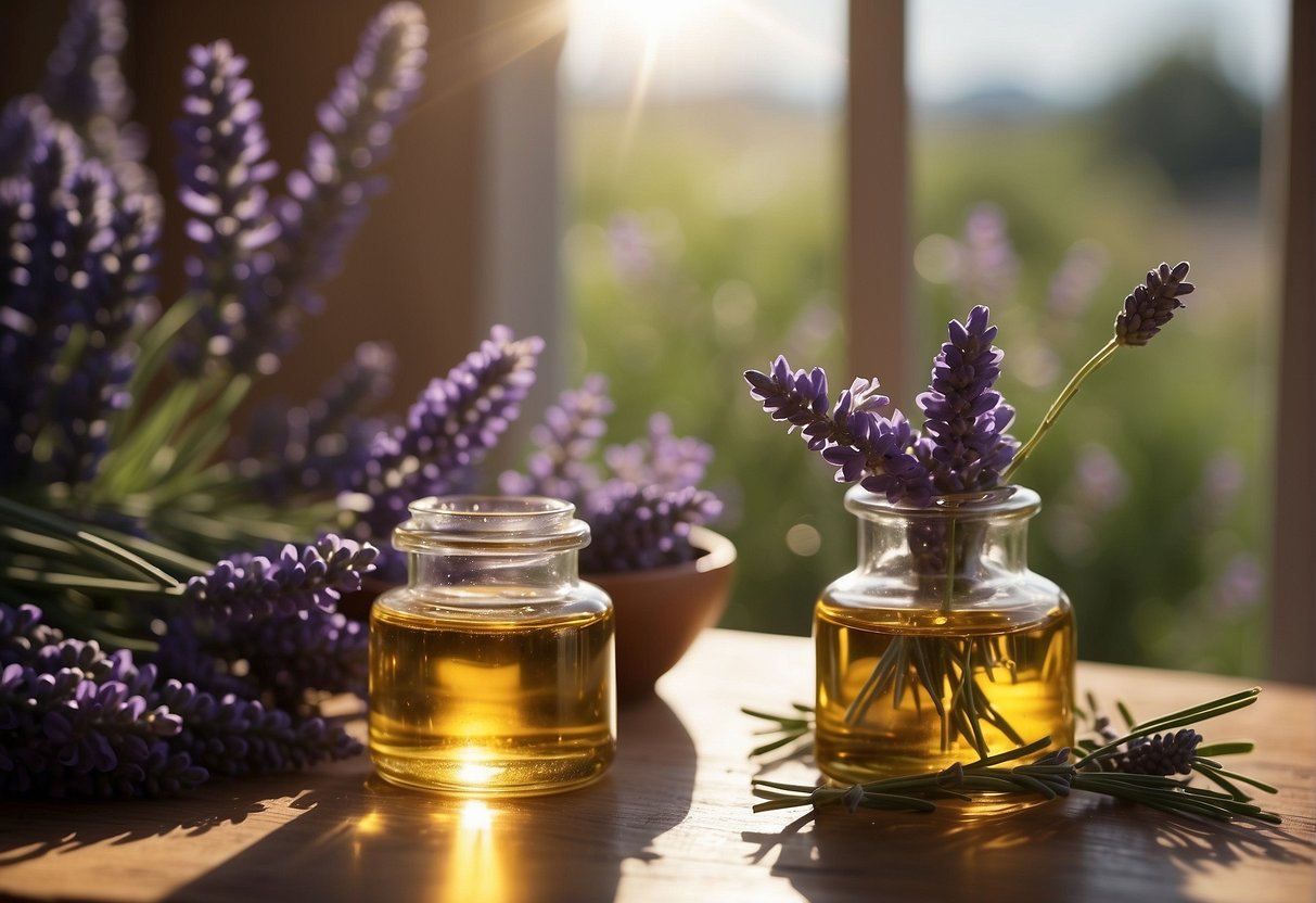 Lavender oil being poured into a glass bottle, surrounded by fresh lavender flowers and sprigs, with sunlight streaming through a window