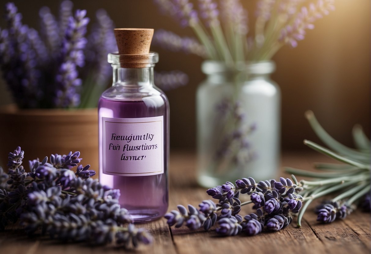 A bottle of lavender oil surrounded by lavender flowers and a labeled "Frequently Asked Questions" sign