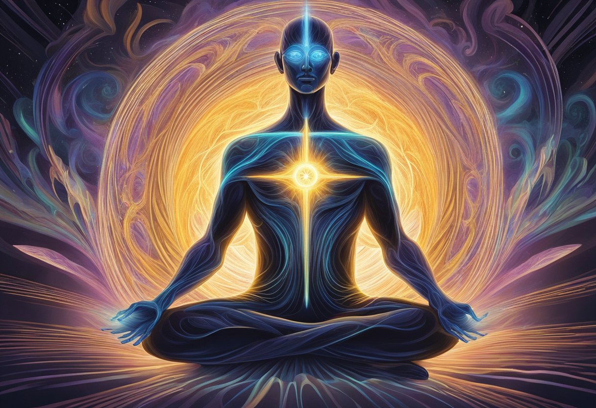 A figure sits cross-legged, surrounded by swirling energy. Their third eye glows with a radiant light, as if opening to new dimensions