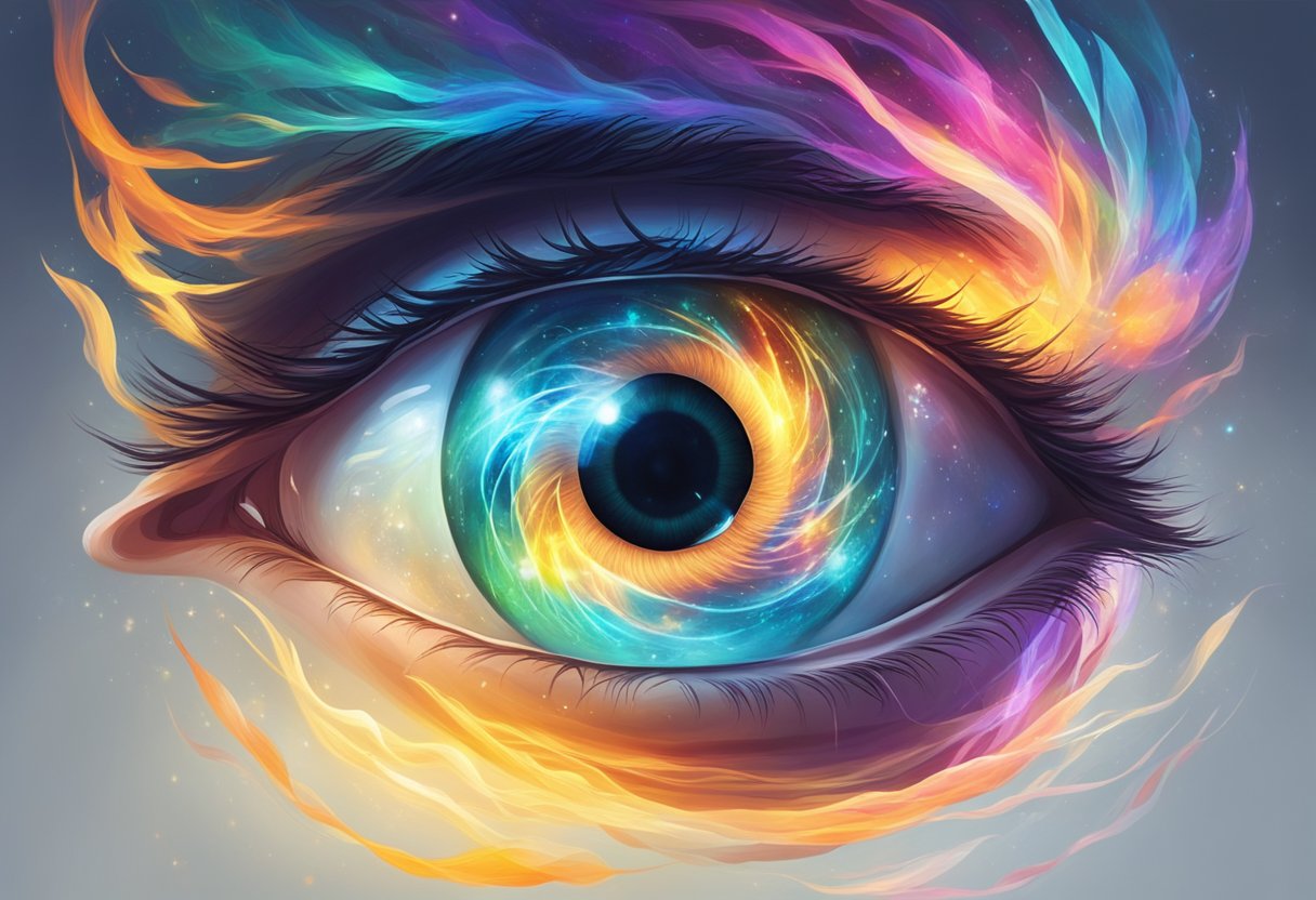 A glowing, ethereal eye floating above a person's head, surrounded by swirling energy and vibrant colors, symbolizing the opening of the third eye