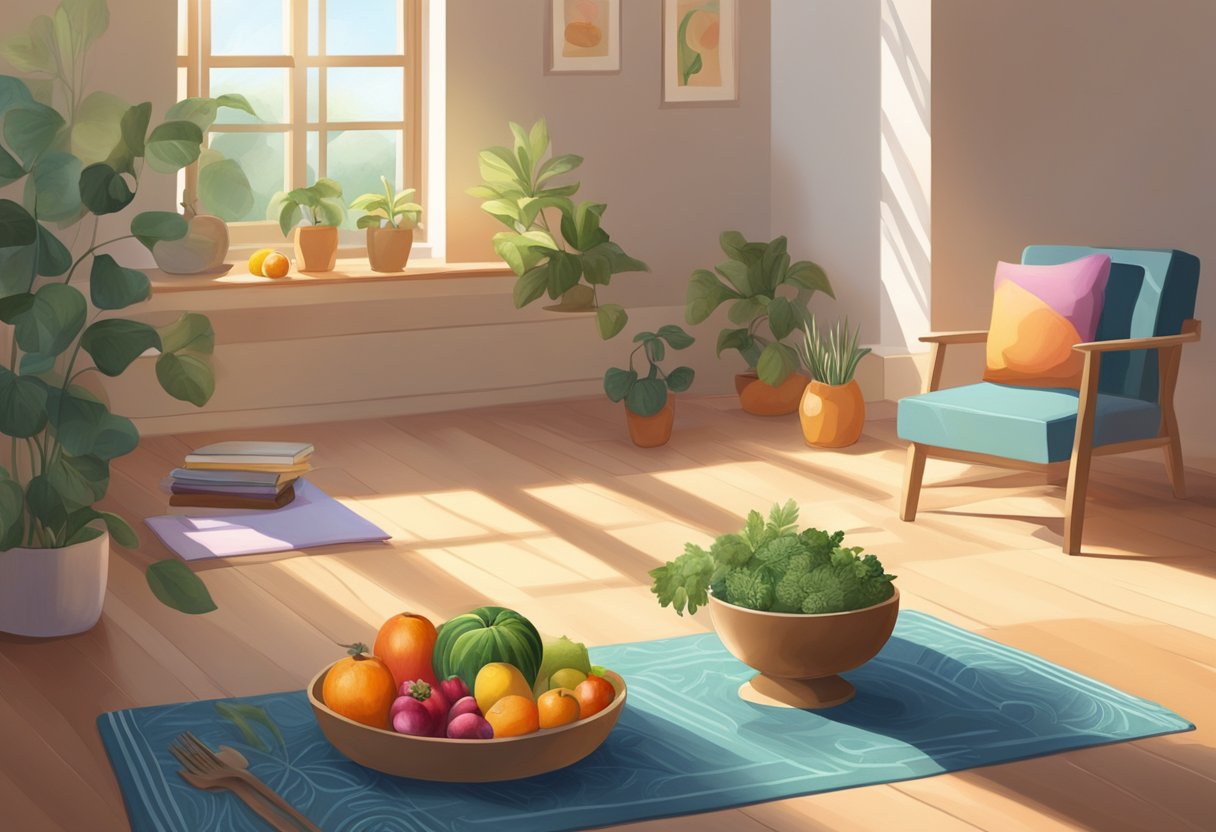 A serene, sunlit room with a table adorned with colorful fruits, vegetables, and herbs. A yoga mat and meditation cushion are nearby, creating a peaceful and balanced atmosphere