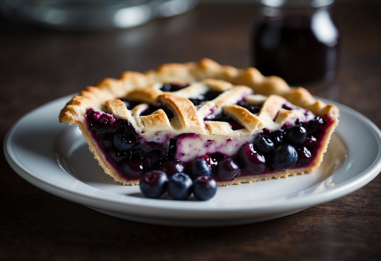 A blueberry pie sits on a table, topped with frozen blueberries