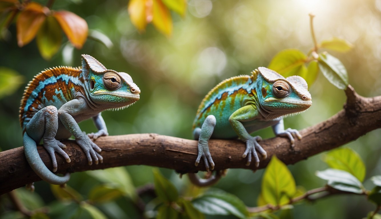 Two chameleons perched on a branch, their vibrant bodies blending into the colorful foliage as they engage in a lively conversation