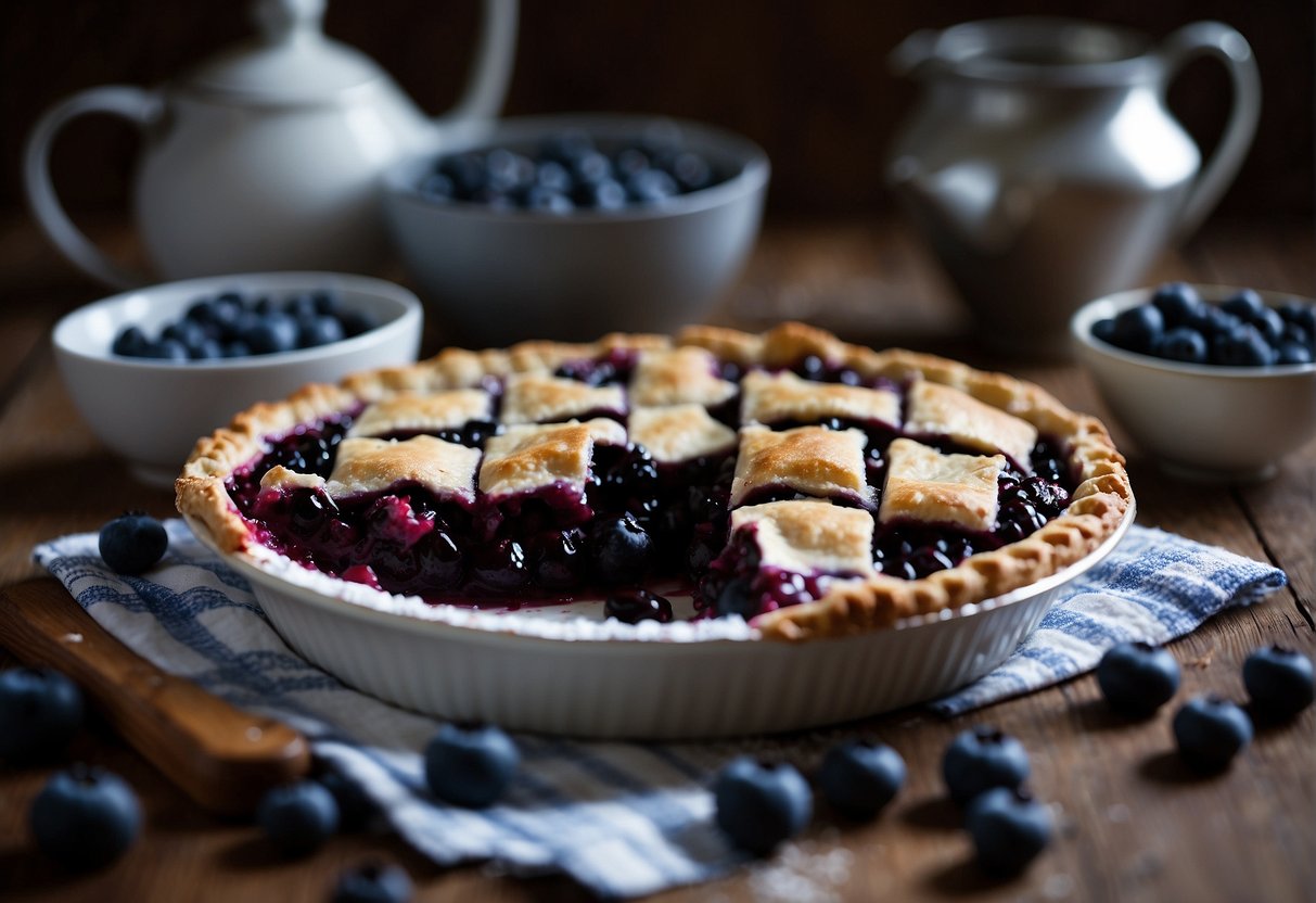 A fresh blueberry pie sits on a rustic table, adorned with frozen blueberries scattered around it