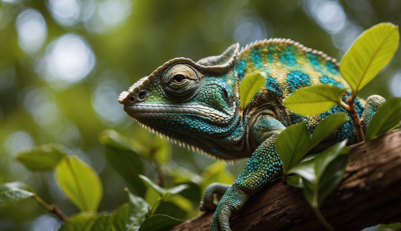 Chameleons blend into vibrant foliage, silently stalking their insect prey.

Their colorful bodies tell a story of stealth and survival