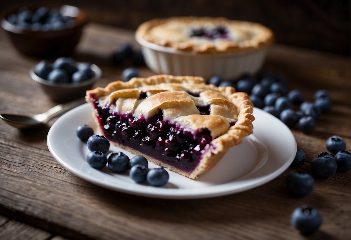 A blueberry pie sits on a rustic wooden table, surrounded by a scattering of frozen blueberries. A slice has been removed, revealing the juicy, purple filling