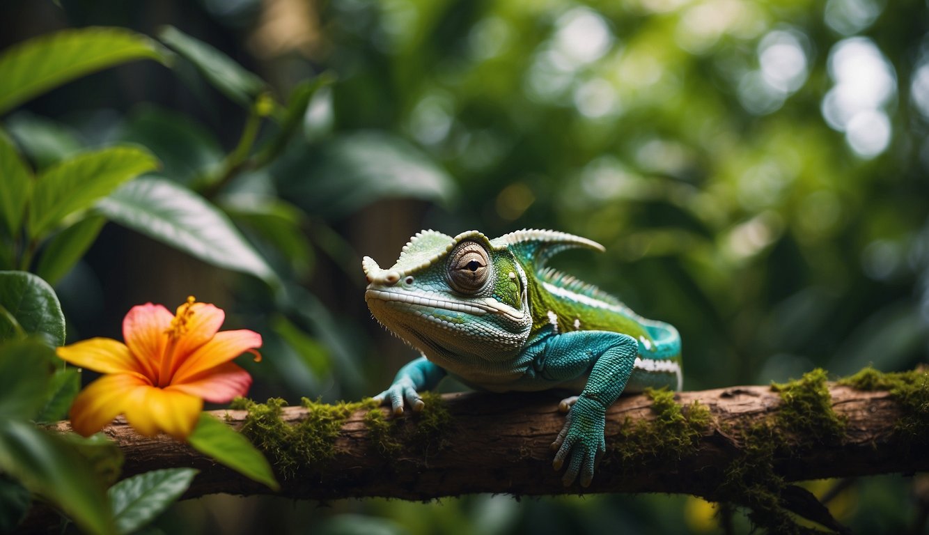 A lush jungle setting with vibrant flowers and twisting vines.

Chameleons of various colors perched on branches, blending in seamlessly with their surroundings