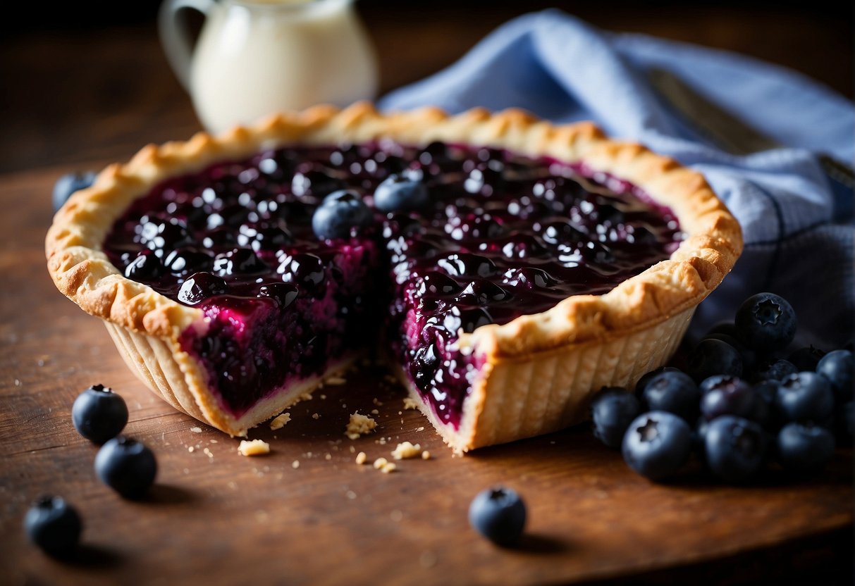 A fresh blueberry pie sits on a rustic table, adorned with frozen blueberries and a golden, flaky crust