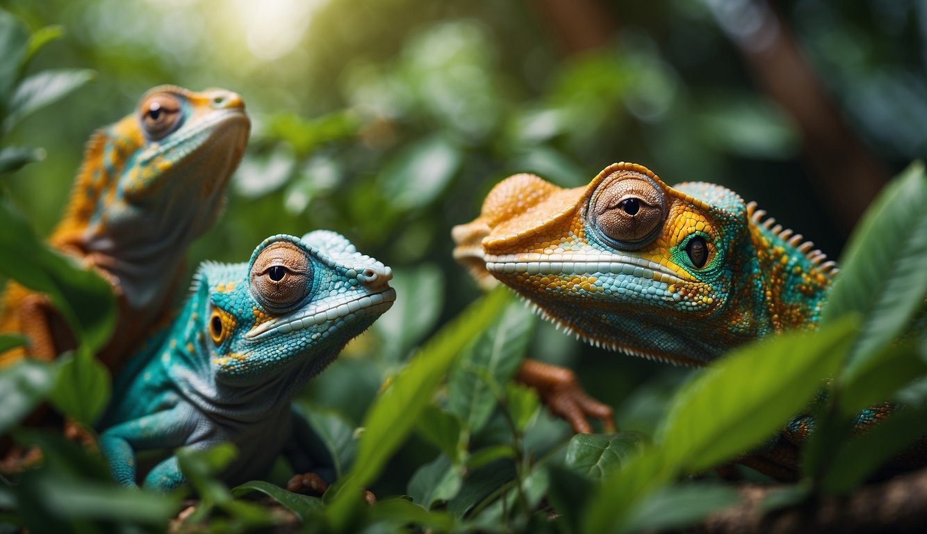 A group of chameleons engage in a vibrant conversation, their colorful bodies blending into the lush green foliage of their habitat