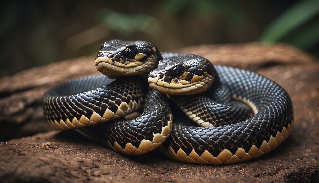 Two king cobras entwine, bodies swaying in hypnotic courtship dance, mesmerizing patterns on display