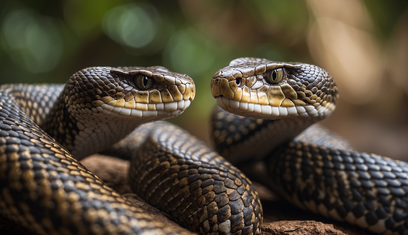 Two king cobras face each other, bodies swaying in synchronized movements.

Their hoods flare, creating a mesmerizing display of intricate patterns