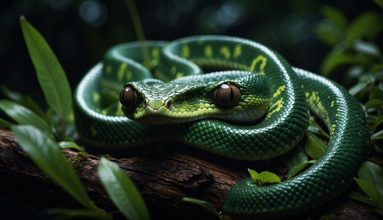 Emerald tree boas slither through the dark jungle, their keen night vision allowing them to hunt for prey with precision