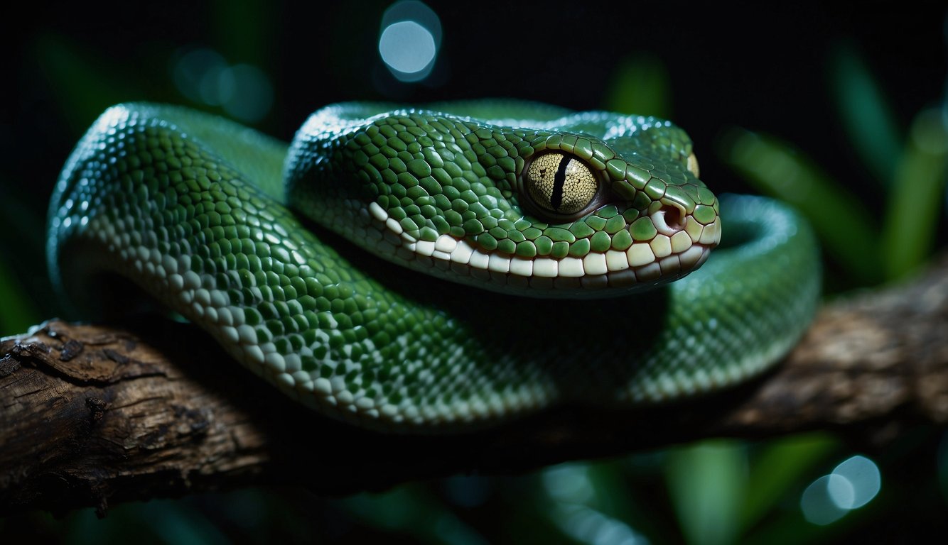 An emerald tree boa coils around a branch, its vibrant green scales glistening in the moonlight.

Its eyes glow with an intense focus as it hunts its prey in the darkness of the rainforest