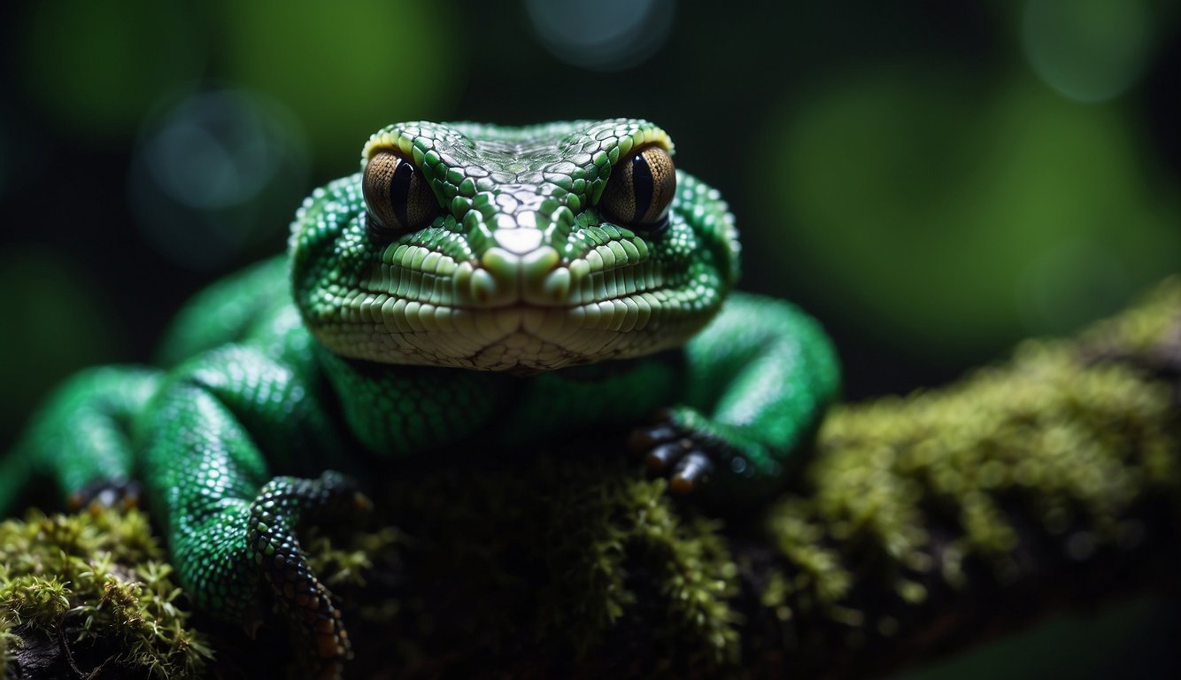 Emerald tree boas use heat-sensing pits to detect prey in the darkness of the rainforest.

Their night vision allows them to silently hunt and strike with precision