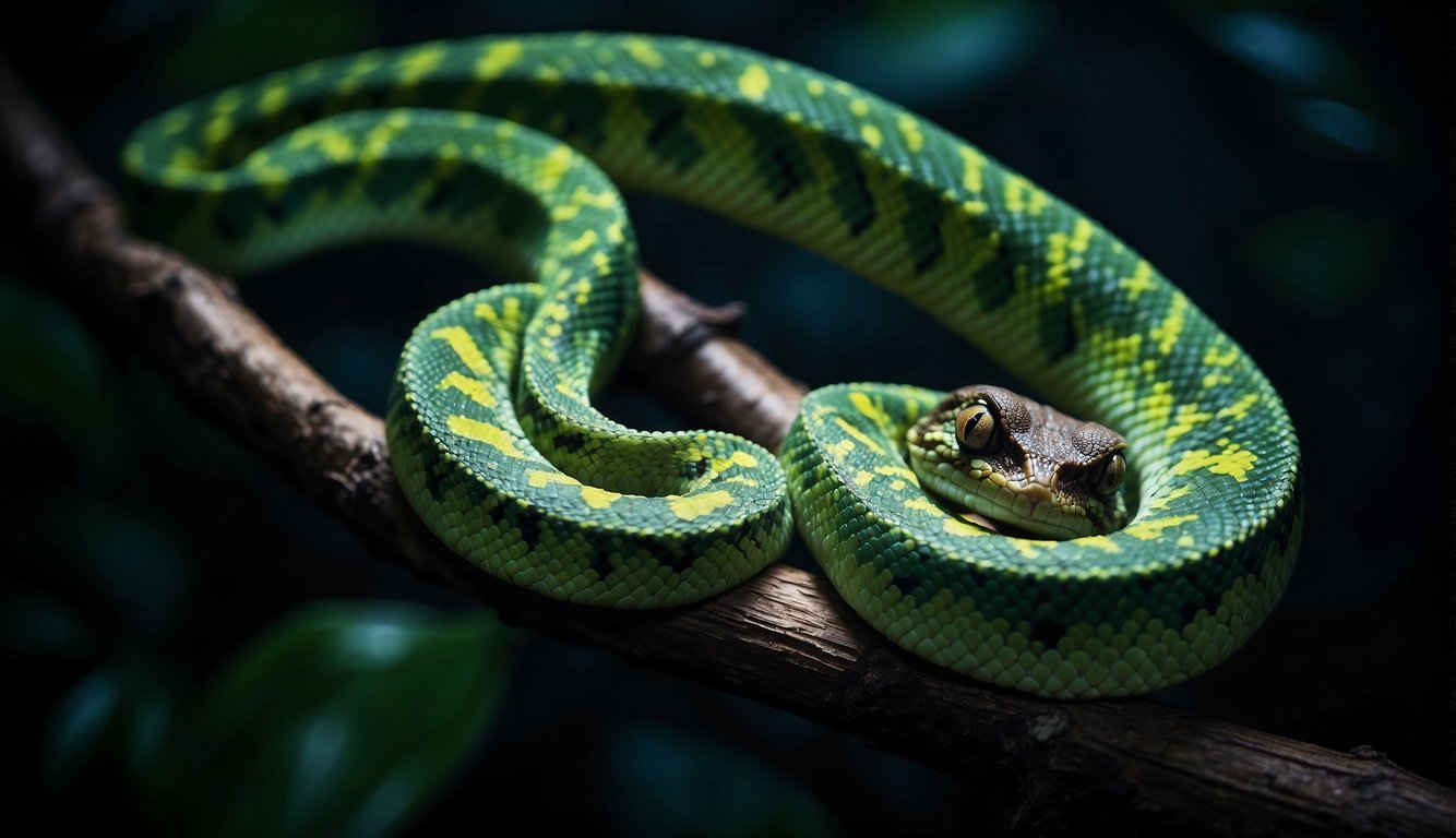 Emerald tree boas coil around branches, eyes glowing in the darkness as they hunt for prey with their exceptional night vision