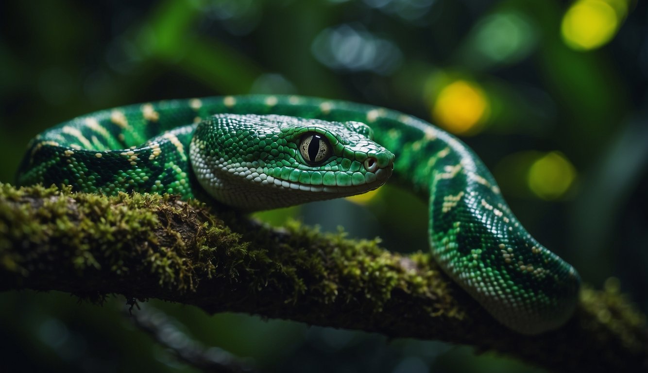 Emerald tree boas slither through the dense rainforest at night, their vibrant green scales glistening in the moonlight as they hunt for prey with their keen night vision