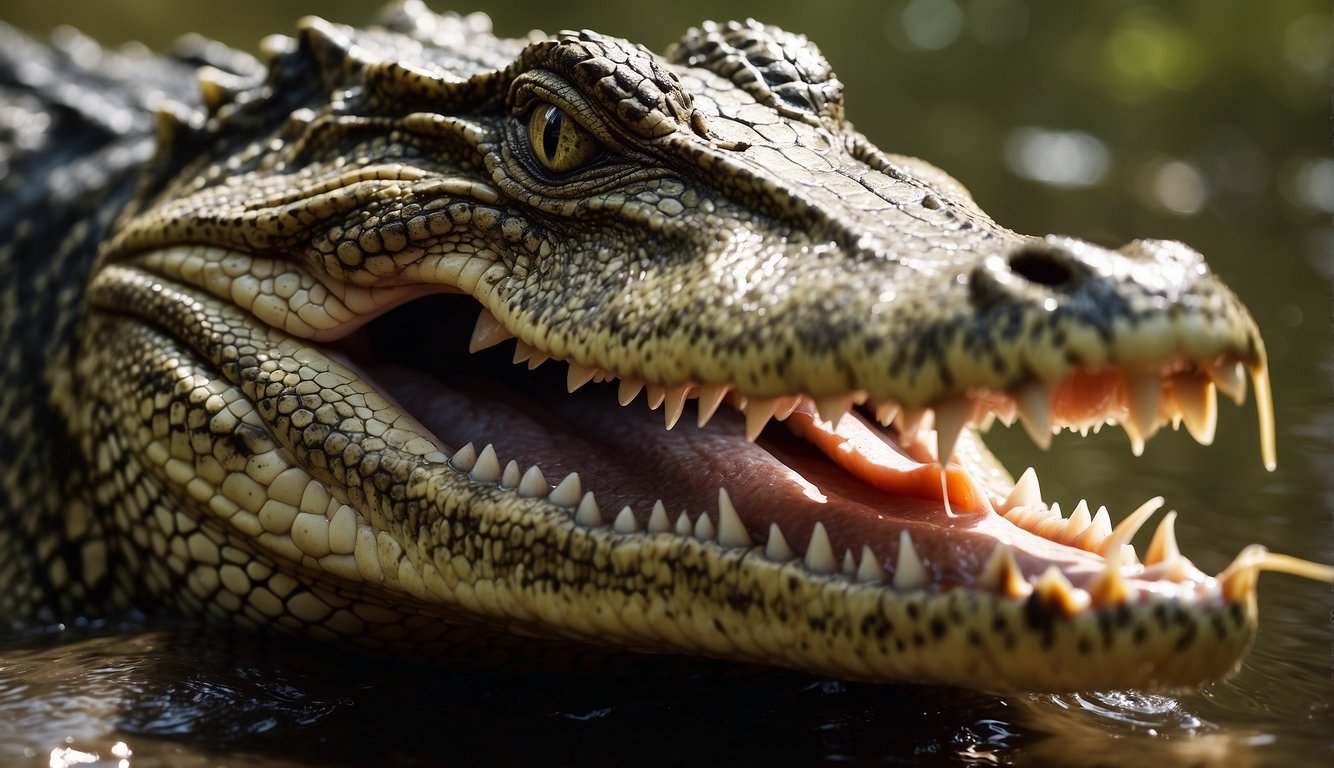 A crocodile holds a stick in its mouth, using it to lure fish closer before snapping its jaws shut