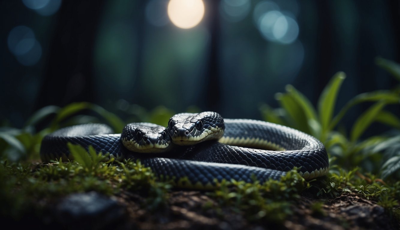 Snakes slither under moonlight, following a winding path through the dark forest, their scales shimmering in the pale glow