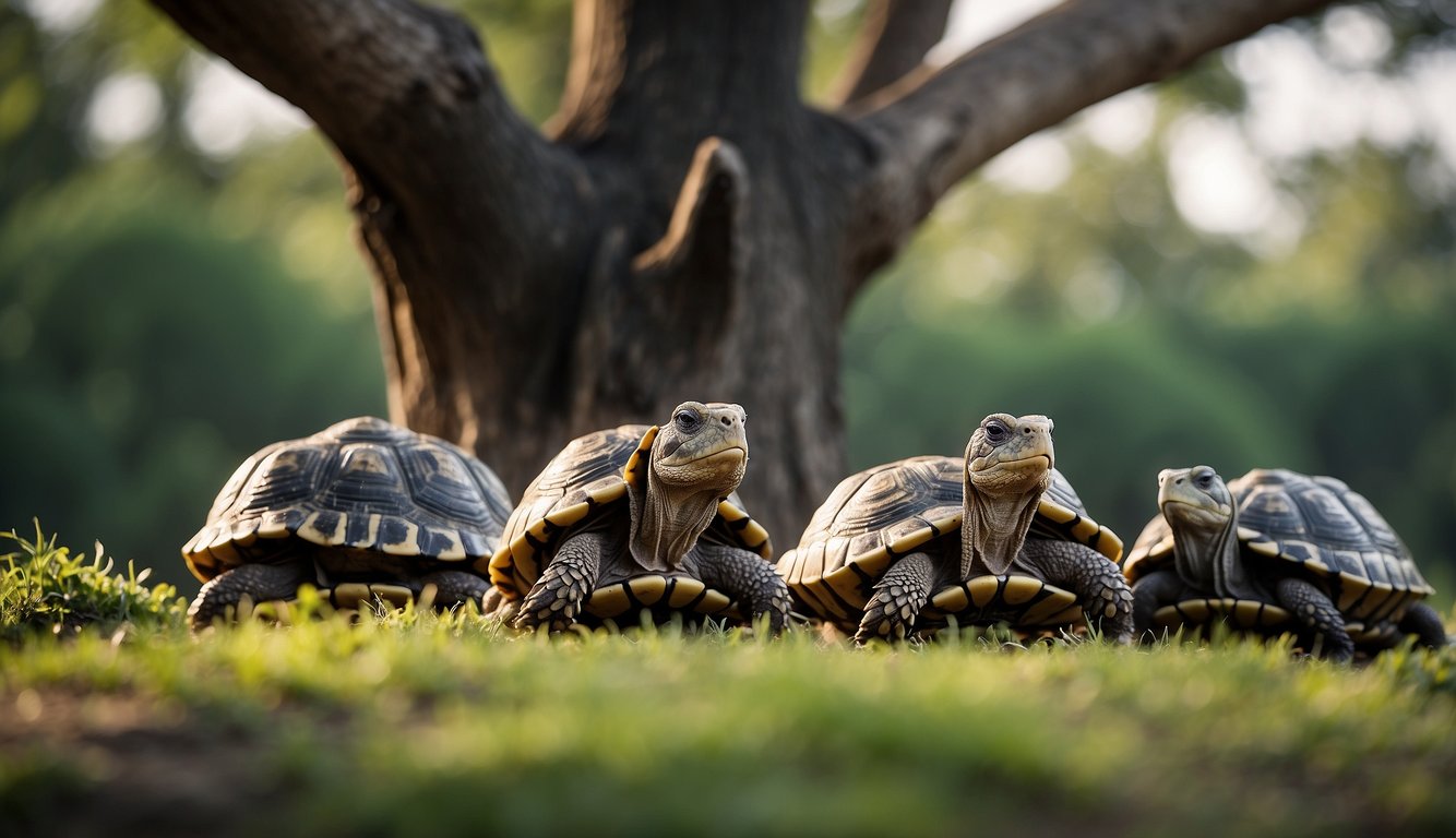 A group of tortoises gathered around a large, ancient tree, each one with a focused expression as they listen to a wise elder recounting tales of their ancestors