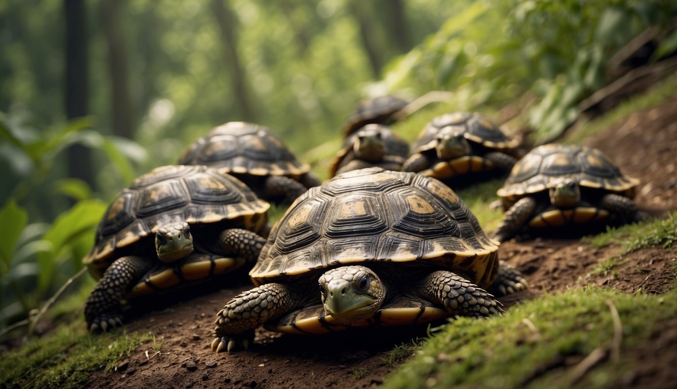 A group of tortoises roam freely in a lush, wild landscape, their ancient and wise demeanor evident as they navigate their surroundings with a sense of mastery and deep memory