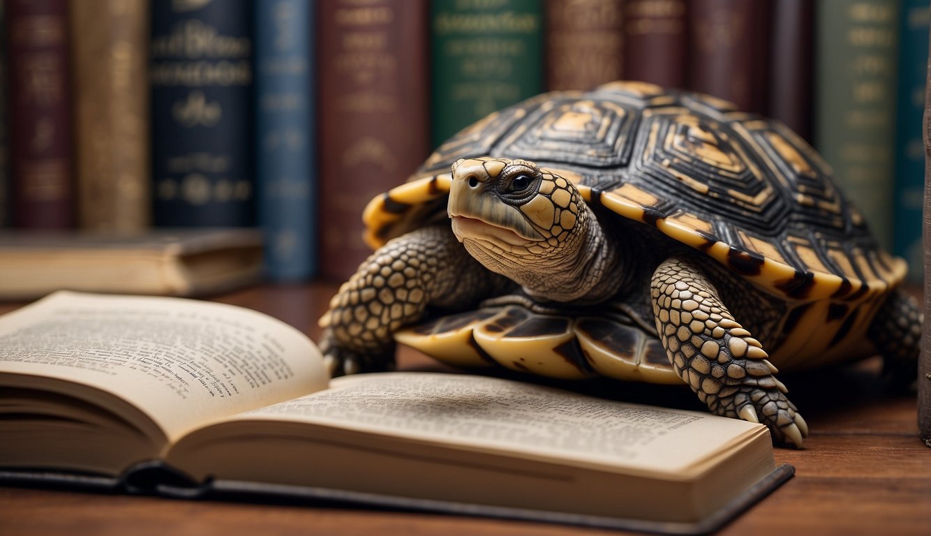 A tortoise confidently navigating a maze, choosing the correct path based on memory.

A stack of books with "Tortoises' Memory Mastery" title in the background