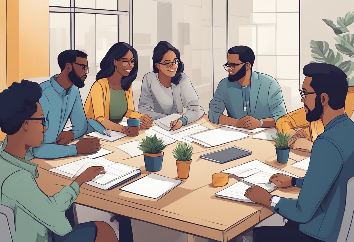 A group of diverse individuals gather around a table, discussing and collaborating on a project. A sense of teamwork and camaraderie is evident as they work together towards a common goal