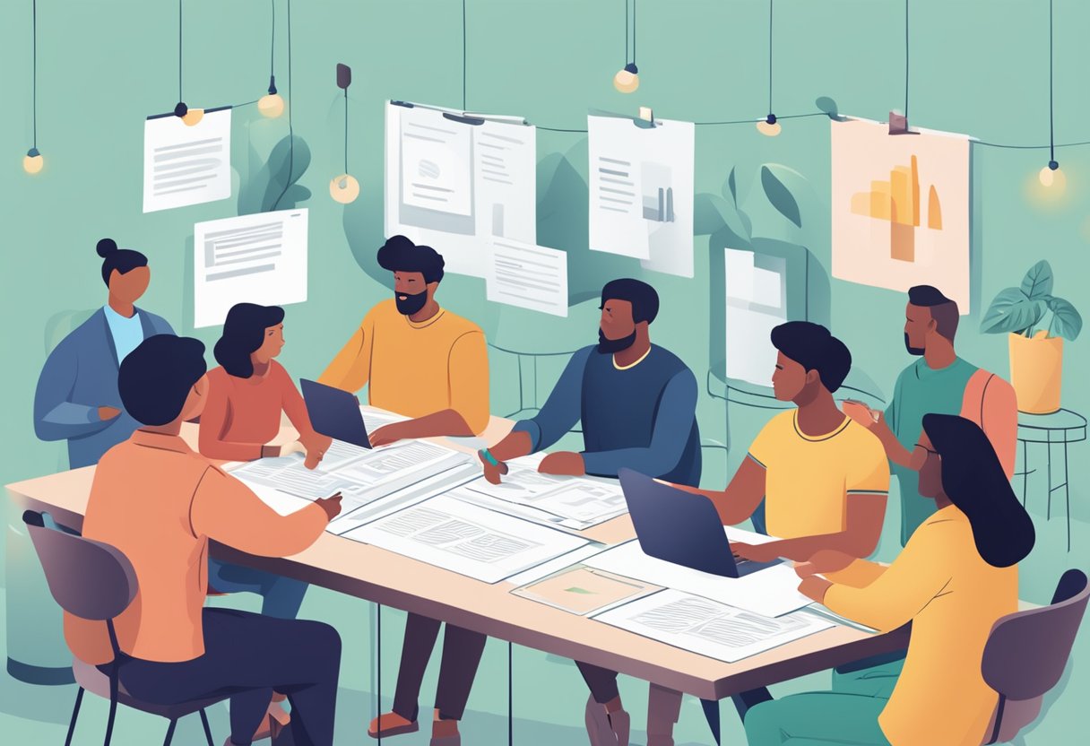 A diverse group of people gather around a table, each contributing ideas and working together. A banner with "Team Integration How to Join the Team (New Updates 2024)" hangs in the background