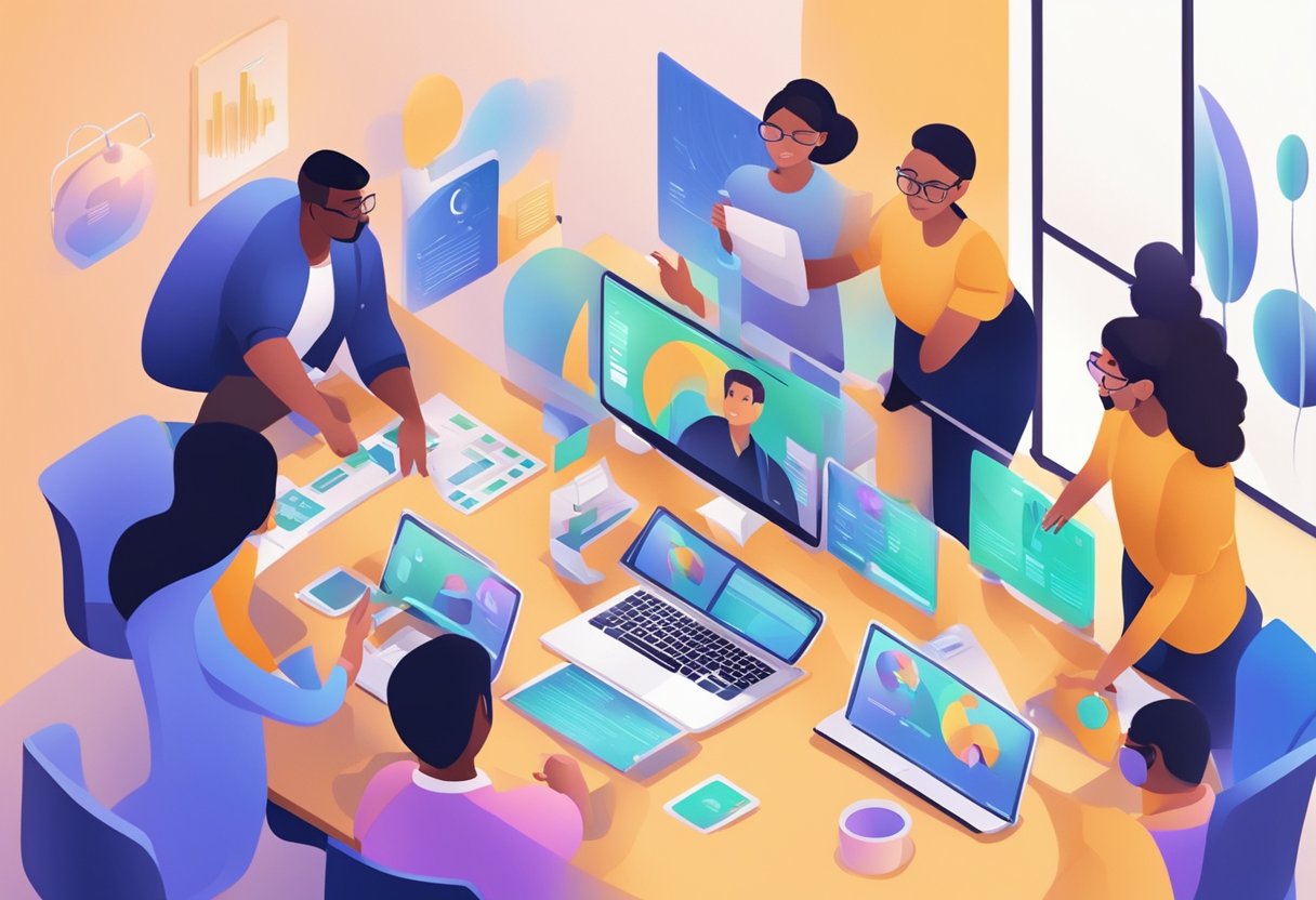 A group of diverse individuals gather around a digital screen, eagerly discussing the new updates for joining the team in 2024. The atmosphere is vibrant and collaborative, with everyone engaged and excited about the opportunities ahead