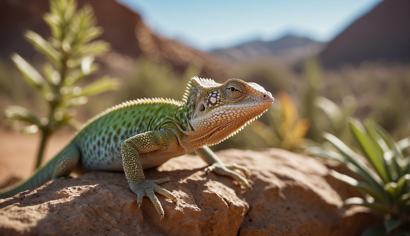 A lizard blends into a rocky desert landscape, its scales mirroring the earthy tones of the surroundings.

A chameleon perches on a branch, seamlessly merging with the foliage through its color-changing abilities