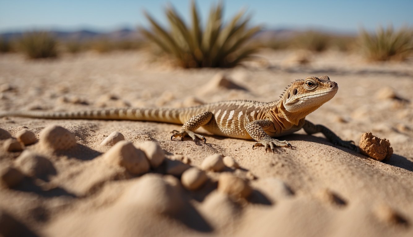 A desert lizard blends into sandy terrain, its scales mirroring the color and texture of the surroundings