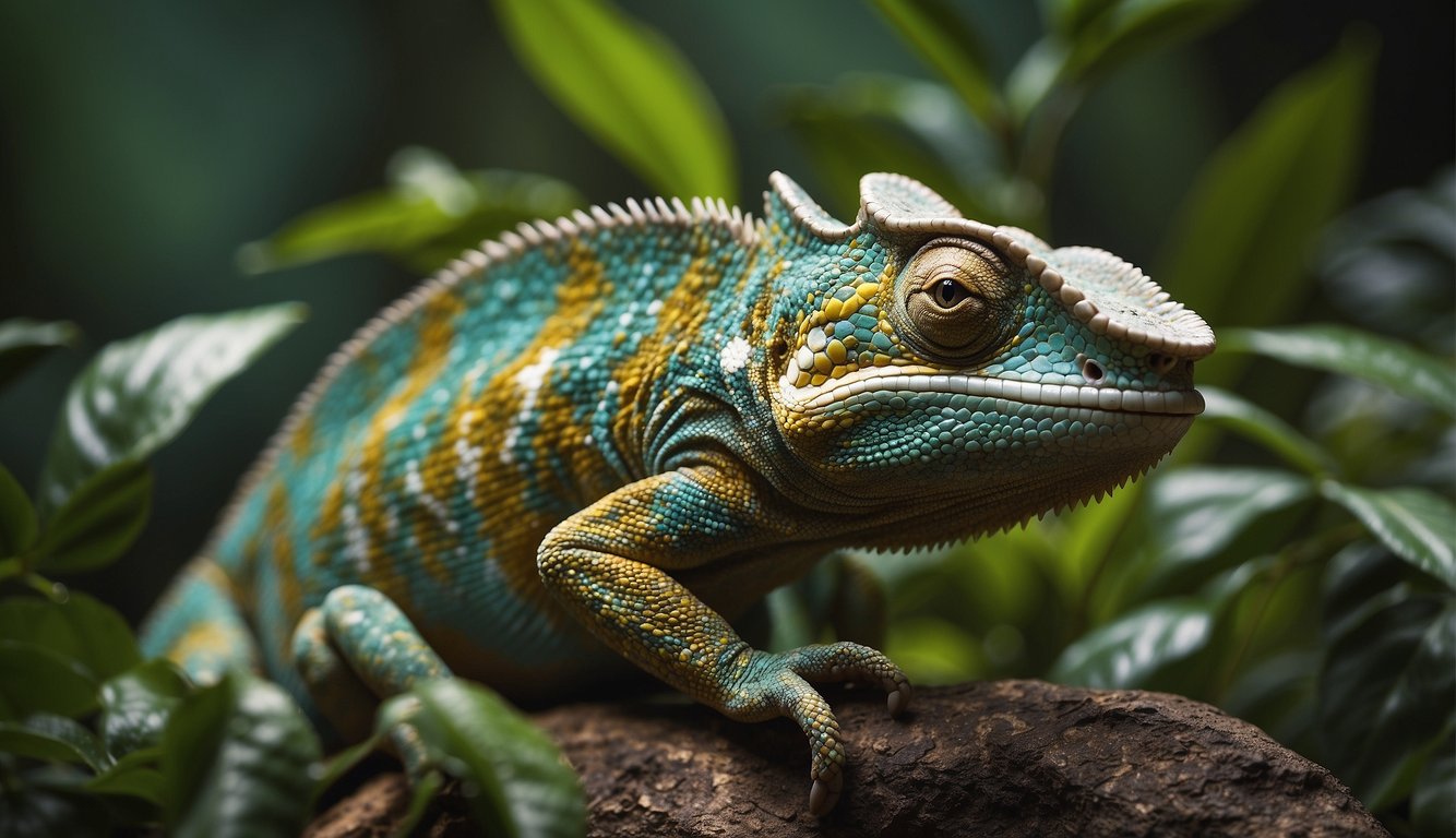 A chameleon blends into a vibrant jungle backdrop, its skin matching the leaves and branches with intricate detail.

A snake slithers across a rocky terrain, its scales mirroring the earthy tones of its surroundings
