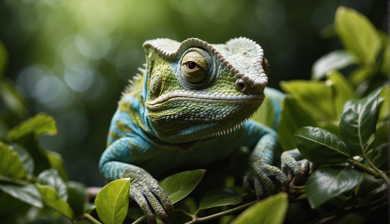 A chameleon blends into a lush, green jungle backdrop, its skin mirroring the leaves and vines around it.

The reptile's eyes dart around, searching for its next meal