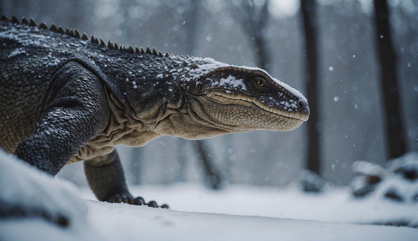 Prehistoric reptiles roam a snowy landscape, adapting to the modern world.

Snow-covered trees and frozen rivers create a stark backdrop