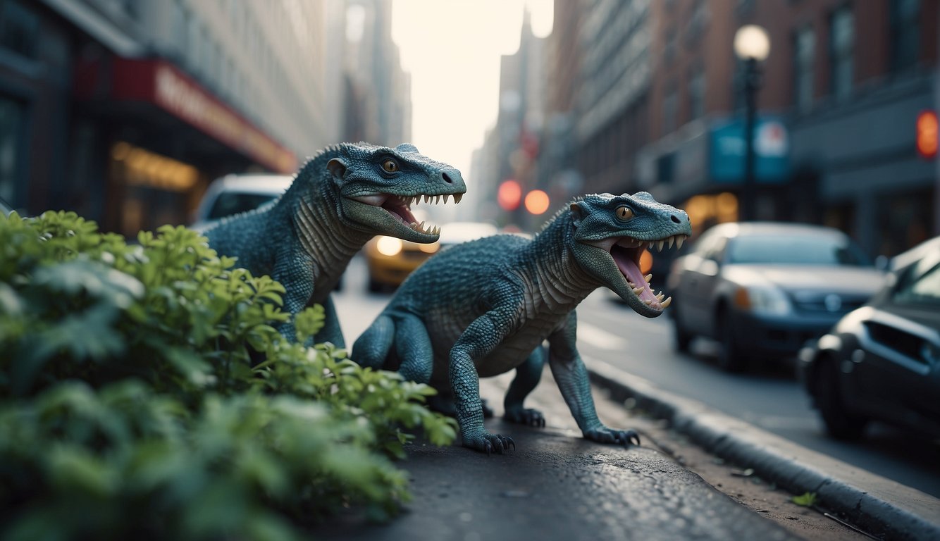 Ice age reptiles navigate through a bustling city, adapting to urban challenges like traffic and pollution