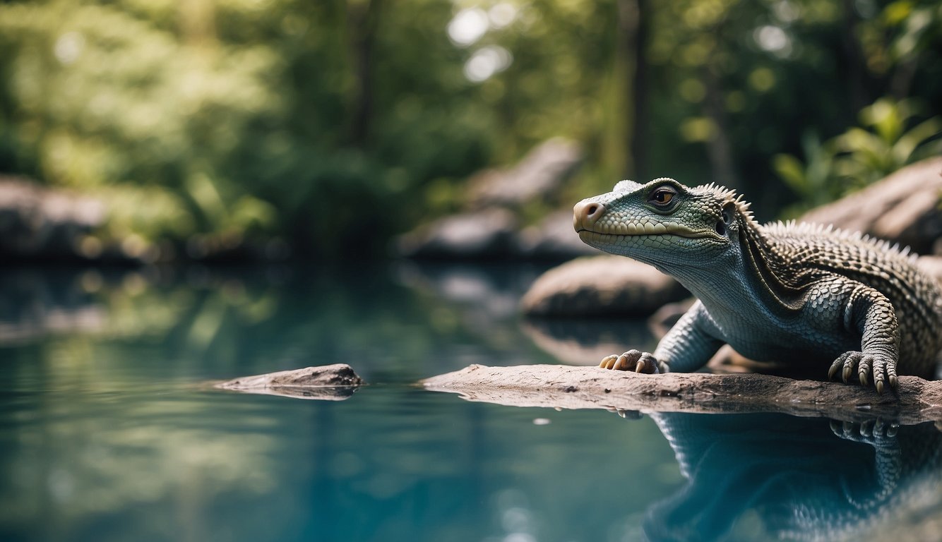 Ice age reptiles roam a modern landscape, surrounded by lush greenery and clear blue waters.

They bask in the sun, coexisting peacefully with other wildlife